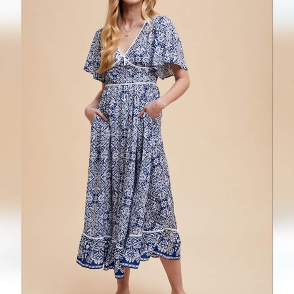Floral Flutter Sleeve Resort Dress Blue